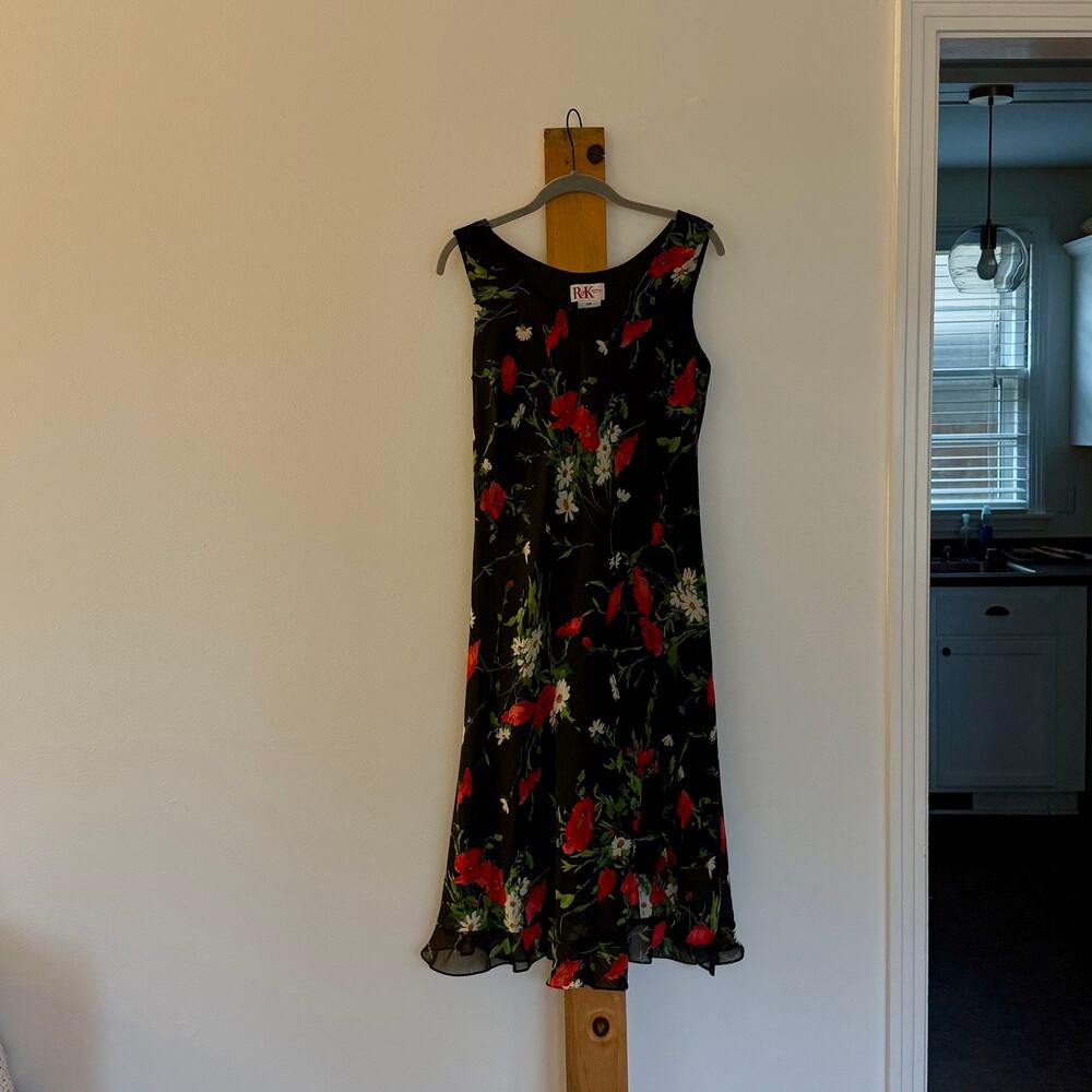 Vintage 90s R&K Originals Black Red Floral Chiffon Maxi Dress Petite 12P